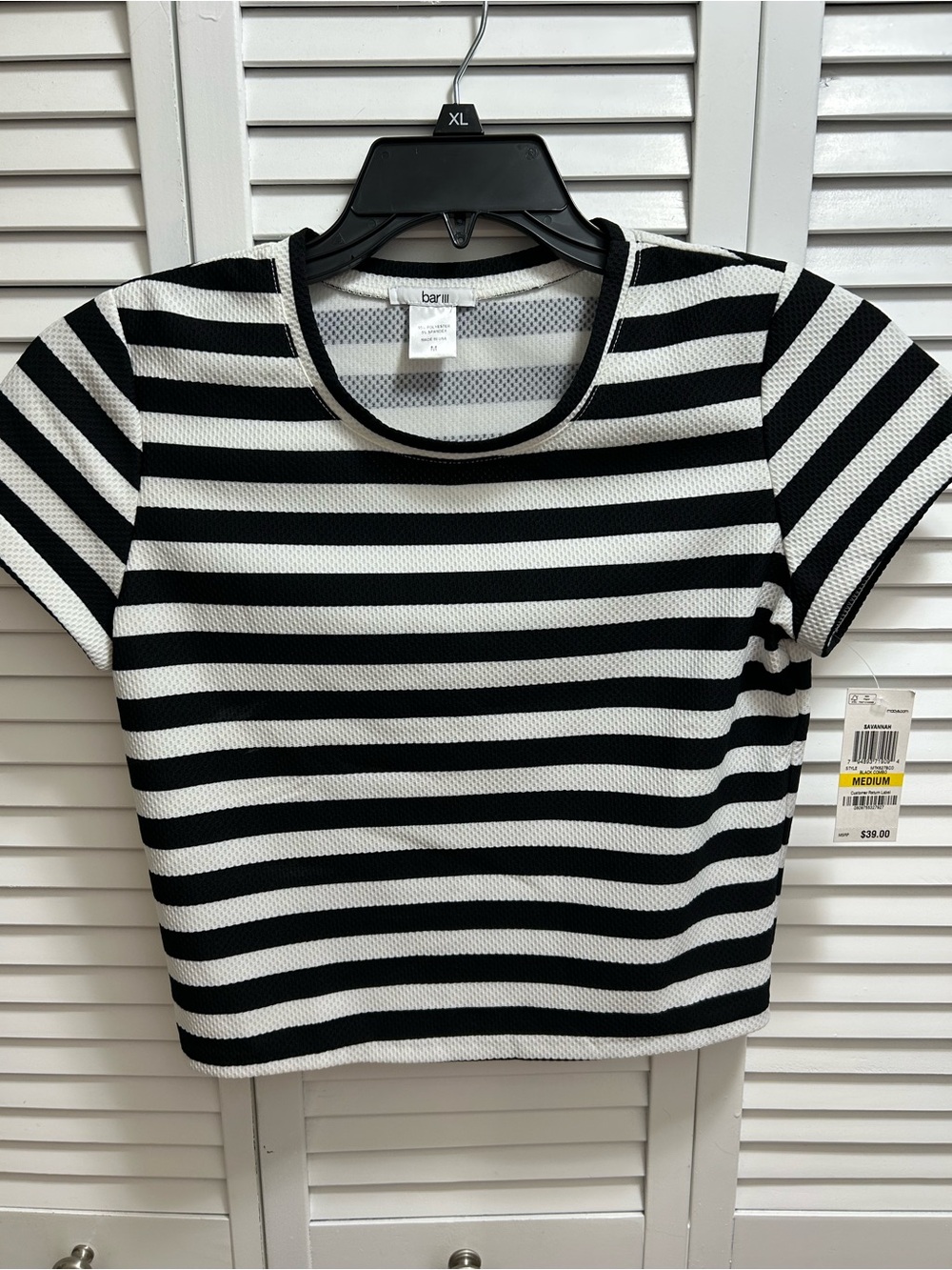 Bar III Black and White Striped Crewneck Short Sleeve Top